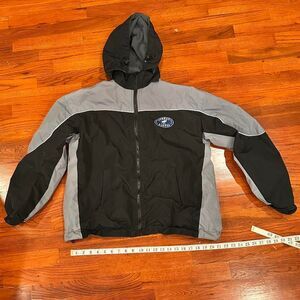 Black and Gray Reflective Embroidered Heavy Ski Puffer Jacket with Fleece Lining
